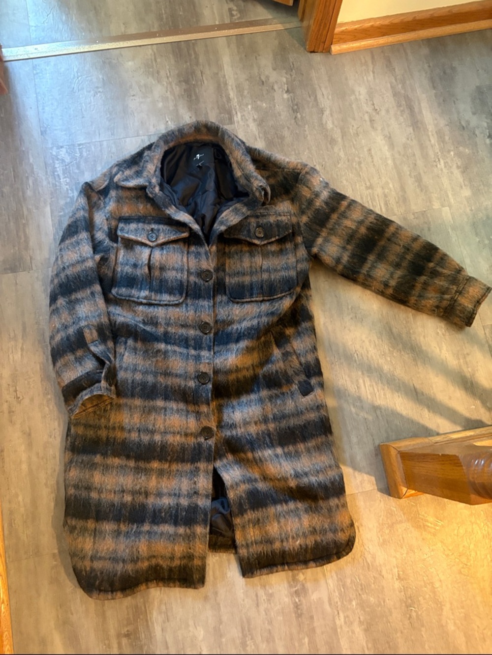 7 For All Mankind Women’s Long Plaid Wool-Blend Coat in Brown & Black
